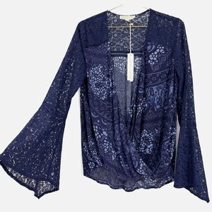 Lovestitch Navy Bell Sleeve Blouse Boho Mosaic Lace Print Top NWT Large